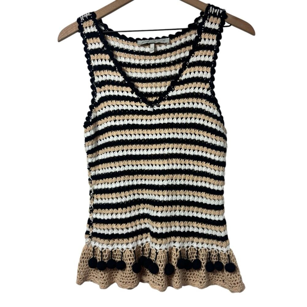GENERATION K CROCHET WOMEN BOHO TANK TOP BEIGE BLACK WHITE SMALL 100% COTTON